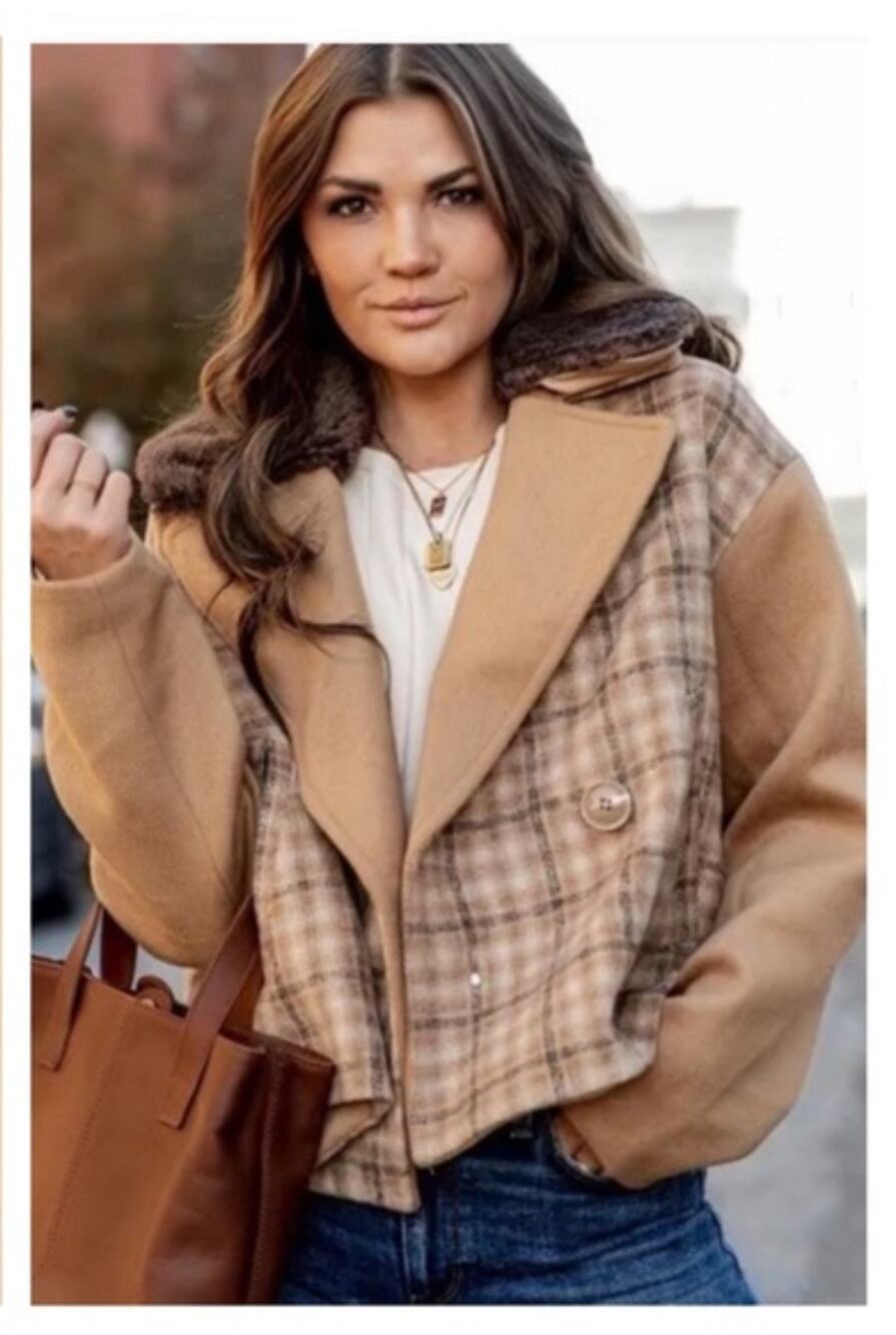 Rachel Parcell Tan Plaid Double Breasted Cropped Peacoat